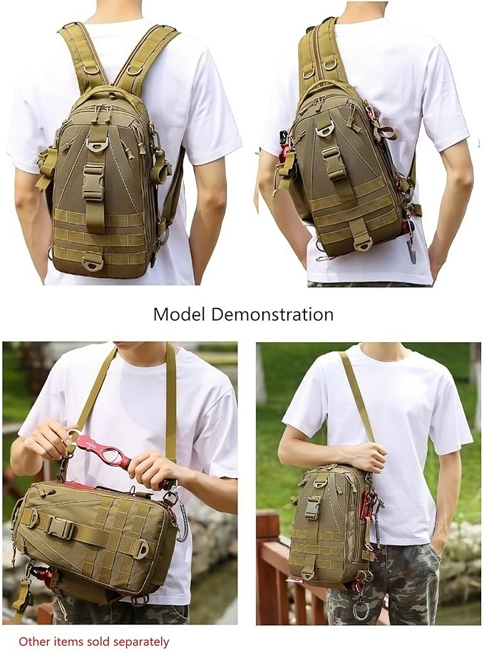 Mint &amp Moss Tactical Backpack for Men Water Resistant Tackle Backpack with Rod Holder &amp Tackle Box Kit Lightweight Sling Fishing Bag for Trekking Survival Camping Fitness Travel (Brown)