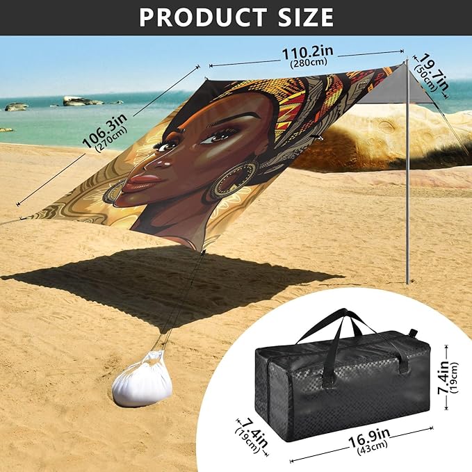 ALAZA Tribal African Woman Beach Tent Sun Shelter Portable Canopy Sunshade for Outdoor Camping Picnics Backyard Fun 10x9 ft