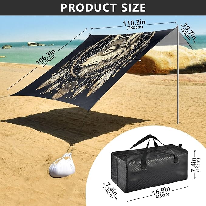 ALAZA Wolf Dream Catcher Boho Beach Tent Sun Shelter UPF50+ Protection Beach Shade Canopy w/ 4 Sandbags for Outdoor Camping Fishing Backyard Fun Picnic 10x9 ft