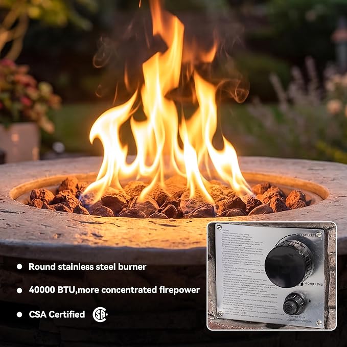 COSIEST Outdoor Propane Concrete Fire Pit Table w Imitation Stone Surface 32-inch Round Fire Table Certified 40000 BTU Stainless Steel Burner Free Lava Rocks Fits 20lb Tank Inside