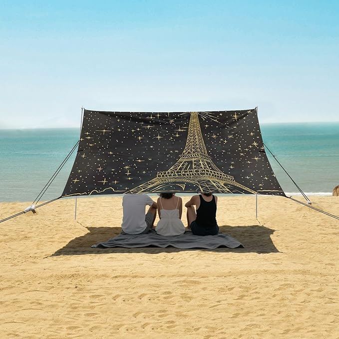 ALAZA Gold Eiffel Tower Starry Sky Beach Tent Sun Shelter UPF50+ Protection Beach Shade Canopy w/ 4 Sandbags for Outdoor Camping Fishing Backyard Fun Picnic 10x9 ft