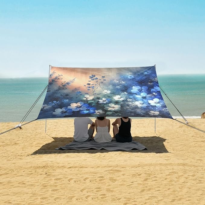 Abstract Blue Flowers Beach Tent Sun Shelter Set UPF50+ UV Protection 10.5 x 9.19 FT Camping Shade Canopy with Sandbags Sand Anchors Carrying Bag and Others