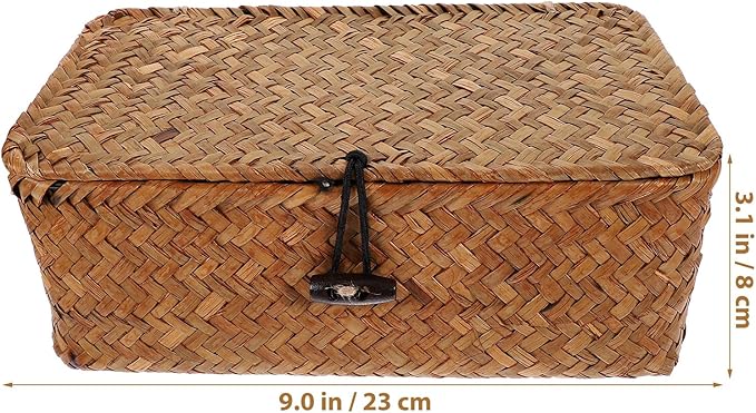 Rattan Basket with Lid Seagrass Baskets with Lid Flat Rattan Storage Bins with Button for Shelf Closet Bedroom