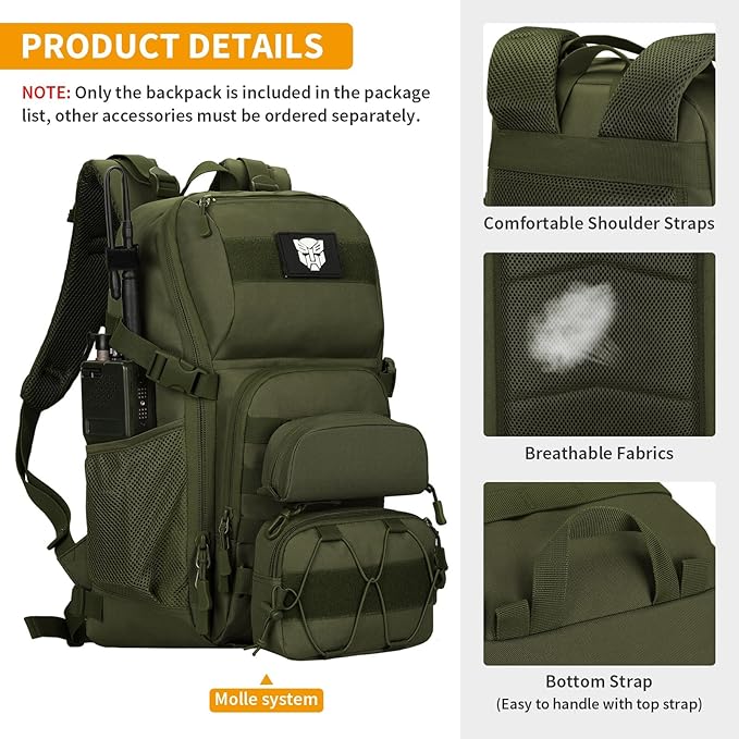 HUNTVP Tactical Backpack Military MOLLE Backpack Hunting Rucksack Gear Assault Pack 25L WR (Army Green)