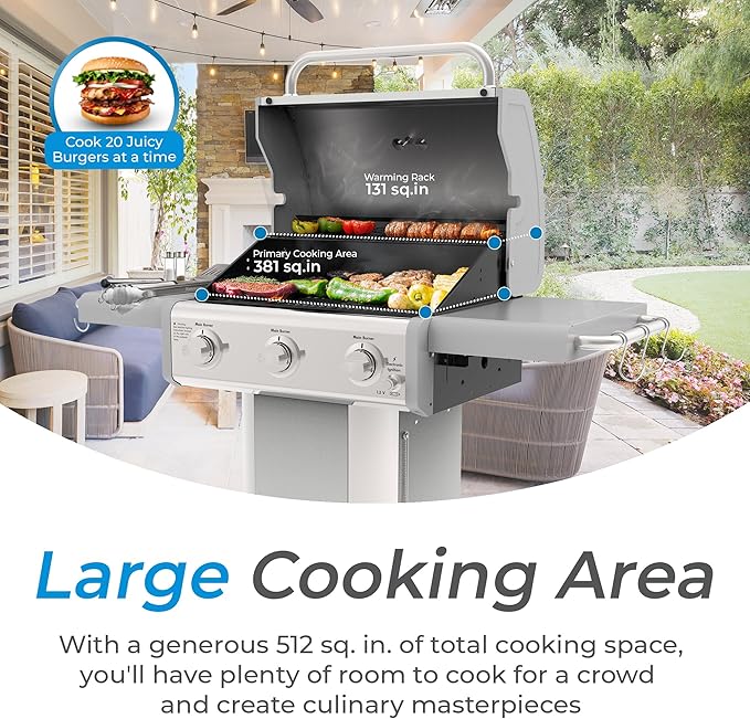 Kenmore 3-Burner Outdoor BBQ Grill | Liquid Propane Barbecue Gas Grill with Folding Sides PG-A4030400LD-PE Pedestal Grill with Wheels 30000 BTU Pearl White