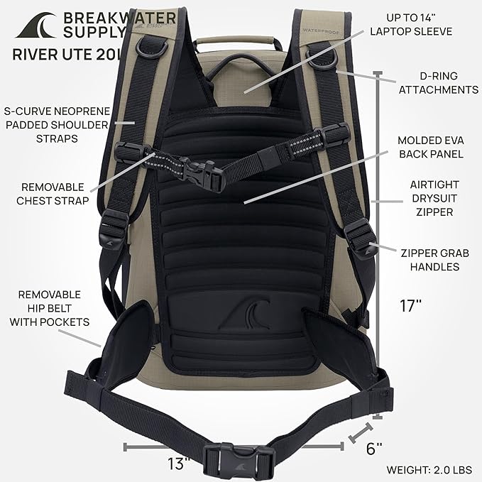 Breakwater Supply™ River Ute Waterproof IP68 Hunting Backpack Floating TPU Submersible Dry Bag with Padded Hip Belt and Airtight Zippers | 20L (River Ute 20L CORDURA Safari Tan)