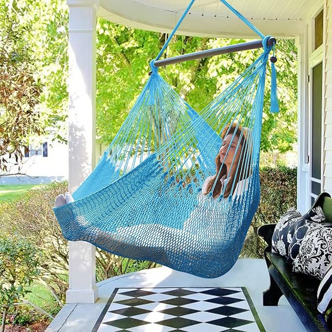 Caribbean Hammock Swing Chair with Spreader Bar Large Hammock Chair Hand Craft Rope Hanging Chair Outdoor Indoor Bedroom 330 LBS Weight Capacity Blue