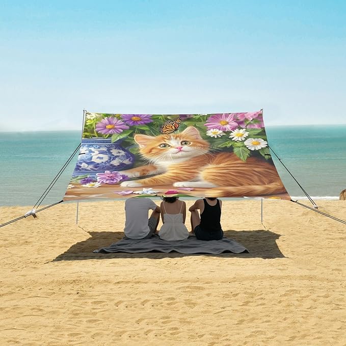 ALAZA Cute Orange Cat Flower Beach Tent Sun Shelter Portable Canopy Sunshade for Outdoor Camping Picnics Backyard Fun 10x9 ft