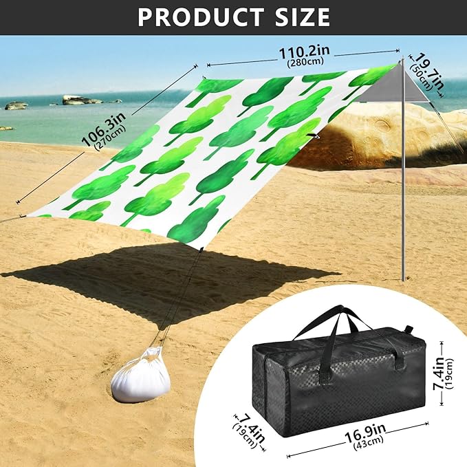 Beach Canopy with Windproof Ropes &amp Sandbags Beach Tent Sun Shade Sun Shelter for Camping Trips Fishing Backyard Fun or Picnics Green Trees
