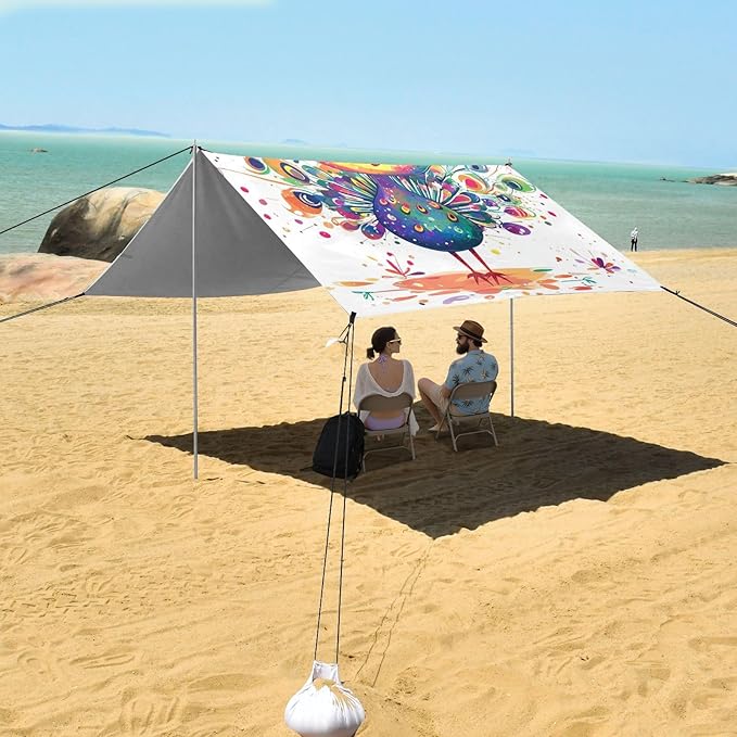 Cute Peacock Foldable Beach Tent UPF50 Lightweight Portable Sun Shelter with Carrying Bag for Camping Picnics Backyard &amp Fishing