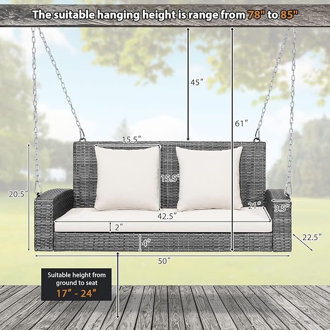 Tangkula 2 Person Wicker Hanging Porch Swing Patiojoy Outdoor Rattan Swing with Soft Cushions and 2 Rustproof Steel Chains 800 LBS Patio Swing Bench for Balcony Garden and Yard