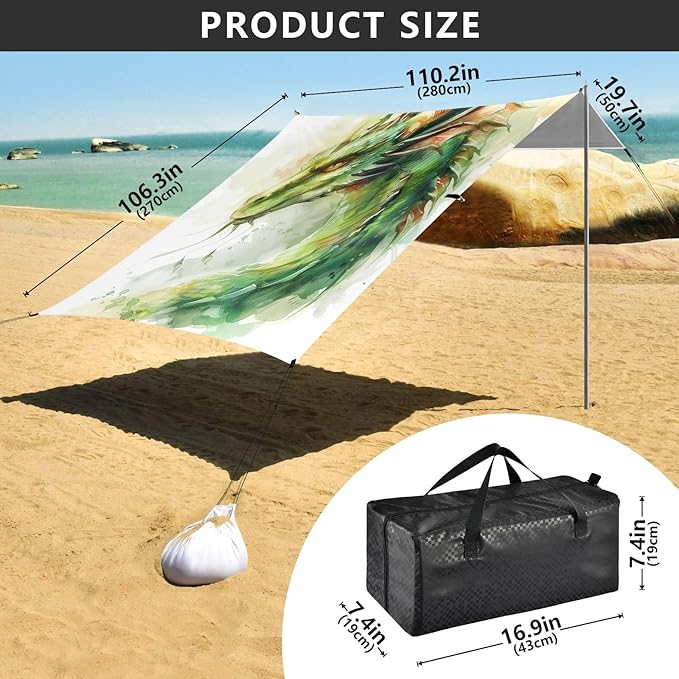 ALAZA Green Dragon Portrait Beach Tent Sun Shelter UPF50+ Protection Beach Shade Canopy w/ 4 Sandbags for Outdoor Camping Fishing Backyard Fun Picnic 10x9 ft