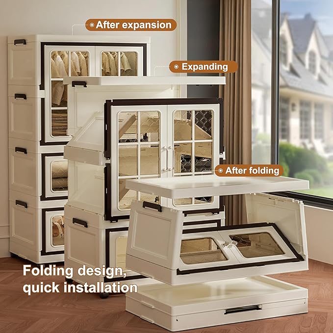 Stackable Storage Cabinet with Lid and Wheels Plastic Collapsible Cabinet Foldable Storage Containers for Home and Office (4-Tier)