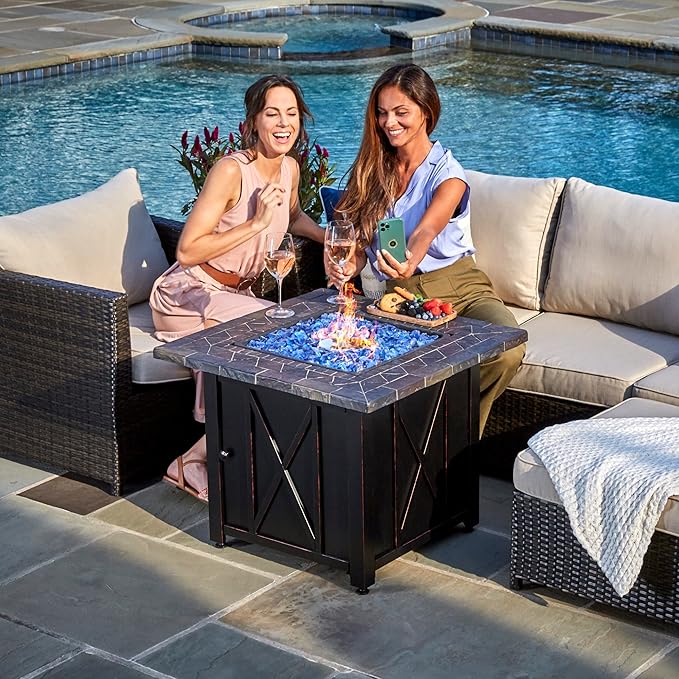 Endless Summer 30 Inch Square 30000 BTU Liquid Propane Gas Outdoor Fire Pit Table w/Push Button Ignition Blue Fire Glass &amp Steel Fire Bowl Bronze