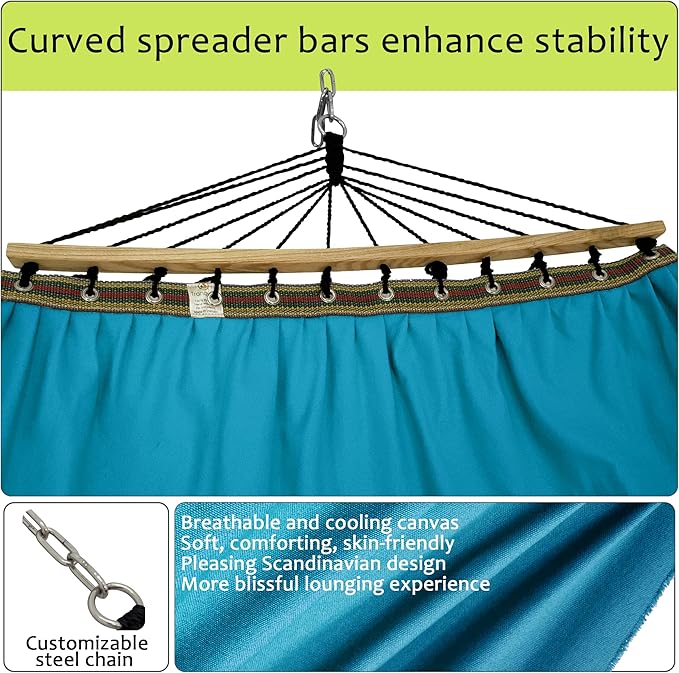 Tranquillo Double Hammock 2 Persons Cotton Canvas 600 lbs Portable Camping Hammock with Solid Wood Spreader Bar Hammock for Camping Portable Relaxation Gear for Camping Patio Garden Blue