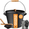 BLACK OAK Ash Bucket Pago 1.5 GAL - Black with lid with Wooden Handle + Brush + Shovel &amp Gloves - 5L Large Steel Fireproof Galvanized &amp Powder-Coated Bucket for ash Coal pellets Modern Desi