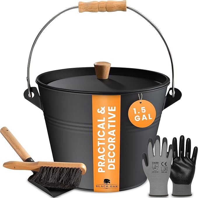 BLACK OAK Ash Bucket Pago 1.5 GAL - Black with lid with Wooden Handle + Brush + Shovel &amp Gloves - 5L Large Steel Fireproof Galvanized &amp Powder-Coated Bucket for ash Coal pellets Modern Desi