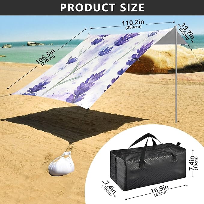 ALAZA Lavender in Watercolour Style Beach Tent Sun Shelter Portable Canopy Sunshade for Outdoor Camping Picnics Backyard Fun 10x9 ft