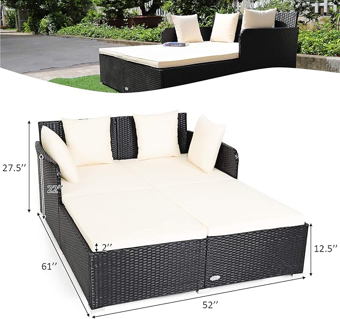 Tangkula Outdoor Rattan Daybed Wicker Furniture with Spacious Seat Upholstered Cushion &amp High-Resilience Sponge Patio Sofa Set with 4 Pillows 2-Person Sunbed for Poolside Backyard Garden &amp