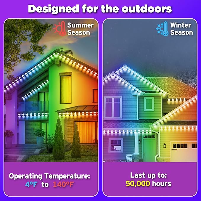 permanent outdoor lights 200FT Smart RGB Outdoor Lights - IP67 Waterproof LED Strip Lights with App/Remote Control for Holiday Decor Garden Patio &amp Home Accent Lighting (Permanent Installation)