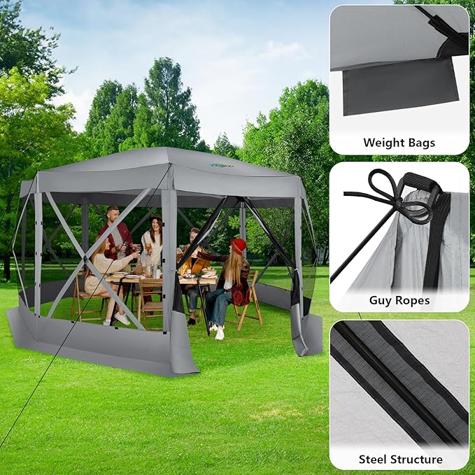 COBIZI Pop Up Gazebo Screen Tent Screen House for Camping 15x15 Screen Room with Mosquito Netting Hub Tent Instant Screened Canopy with Carrying Bag and Ground Stakes Gray