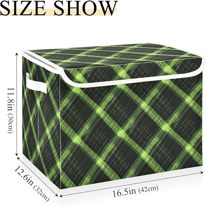 AIXIWAWA Lidded Storage Cube (Green Plaid) Fabric Foldable Closet Bins with Flip Lid and Handles Organizer Basket Container 16.5 x 12.6 x 11.8 IN