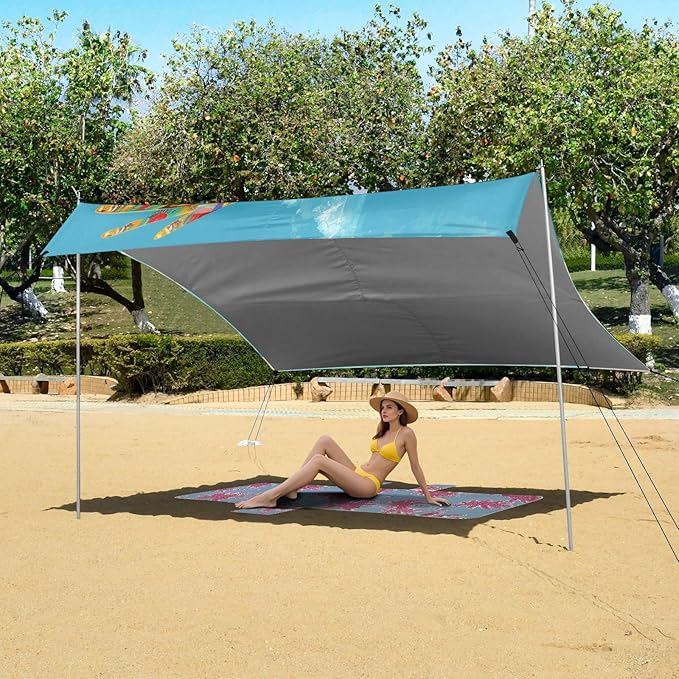 ALAZA Soaring Owl Rainbow Color Beach Tent Sun Shelter UPF50+ Protection Beach Shade Canopy w/ 4 Sandbags for Outdoor Camping Fishing Backyard Fun Picnic 10x9 ft