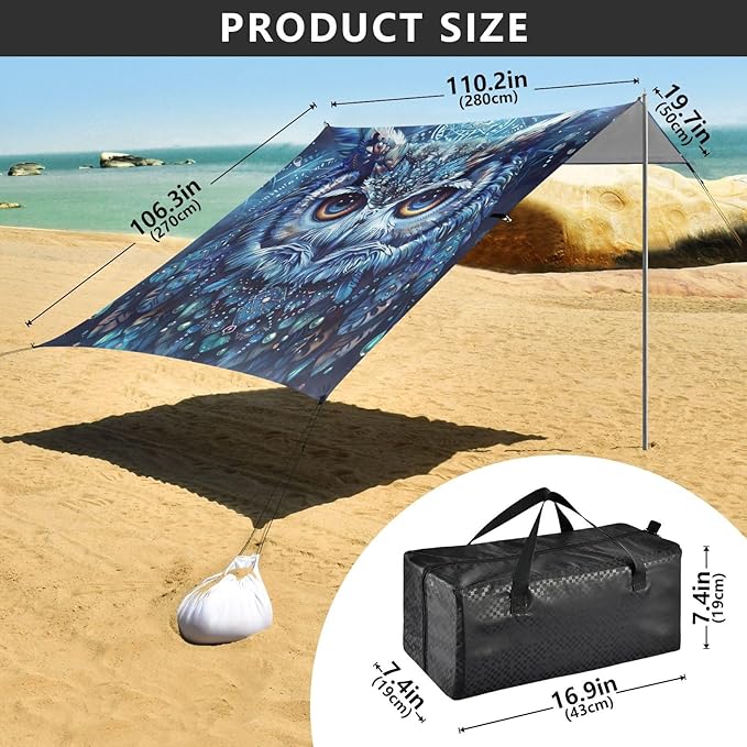 ALAZA Boho Owl Blue Beach Tent Sun Shelter Portable Canopy Sunshade for Outdoor Camping Picnics Backyard Fun 10x9 ft
