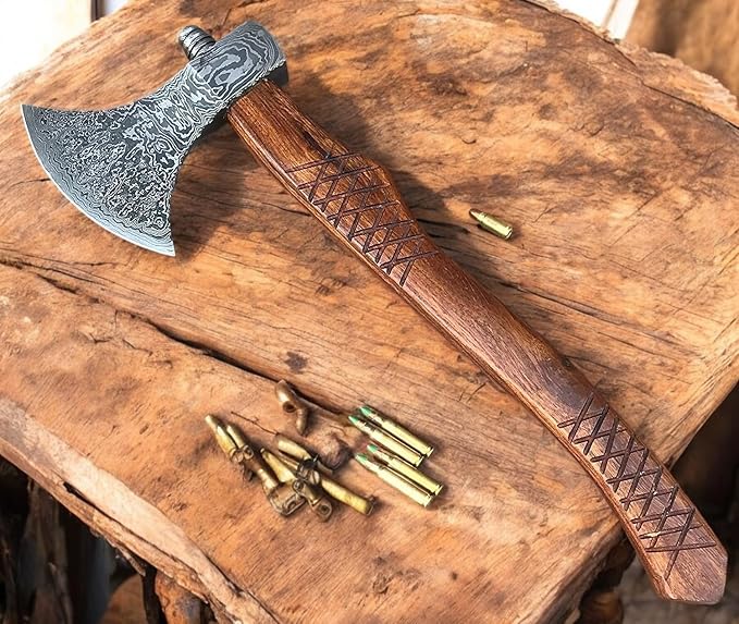 Poshland AX-7000 Custom Gift Forged Damascus Steel Vintage Axe with Rose Wood Shaft Viking Bearded Camping Axe (AX-7000) (AX-8194)