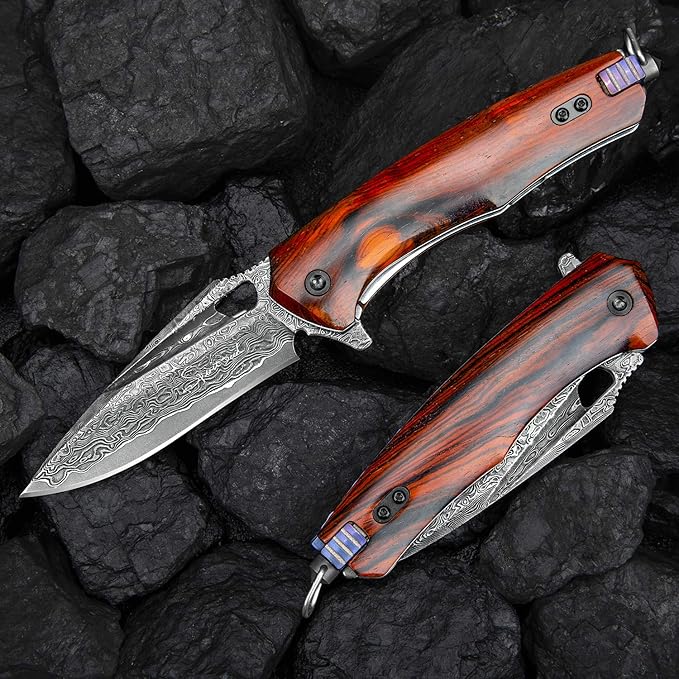 Damascus steel multifunctional EDC folding knife with self assembling pocket clip lining lock leather sheath one piece disassembly pocket knife
