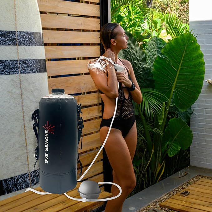 Camping Shower Bag – 12L PVC Black Foldable Water Container Showerhead Hose Assembly Solar Warm Supply | Perfect For Outdoor Adventure Washing Backpacking Hygiene Routine Road Trip Cleaning Setup