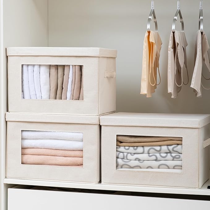 4-Pack Storage Bins with Lids Fabric Foldable Storage Bins with Soft Cord Handles Cube Closet Storage Baskets with Lids Organizers for Organizing Clothes and Books Beige