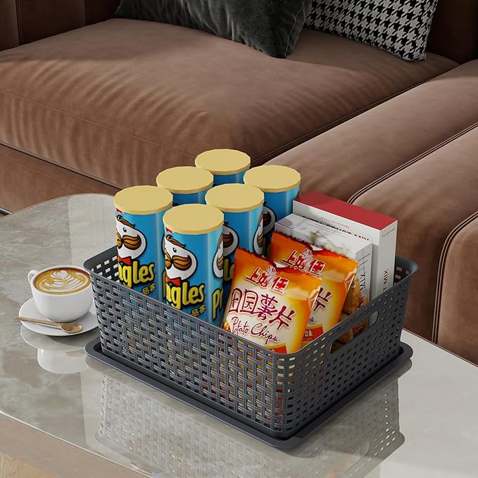 13 Quart Flat Storage Baskets with Lids Stackable Plastic Weave Organizing Basket Bin 6 Packs