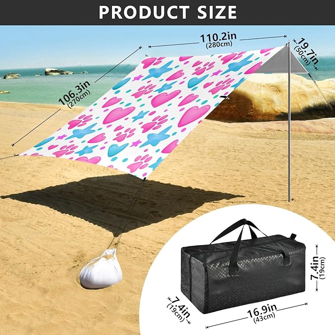 Beach Canopy with Windproof Ropes &amp Sandbags Beach Tent Sun Shade Sun Shelter for Camping Trips Fishing Backyard Fun or Picnics Heart