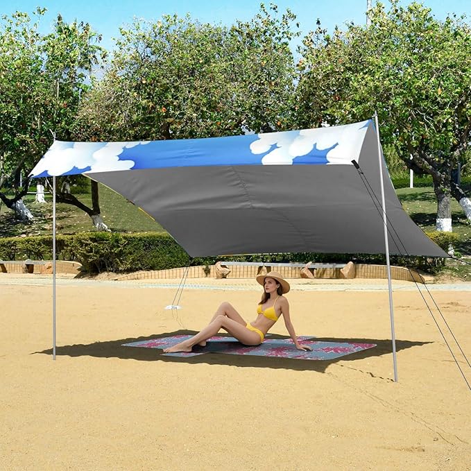 Beach Canopy with Windproof Ropes &amp Sandbags Beach Tent Sun Shade Sun Shelter for Camping Trips Fishing Backyard Fun or Picnics Beach