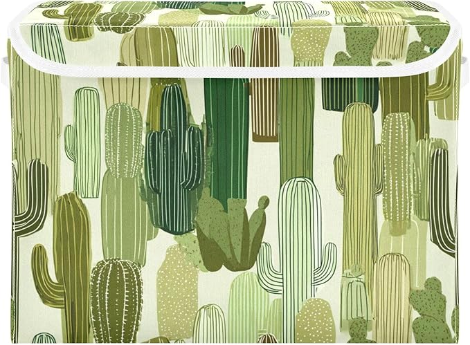 Storage Bins with Lids Storage Containers Box Organizer Bin Basket with Handles for Closet Shelves Clothes Stackable Foldable Decorative Green Line Cacti
