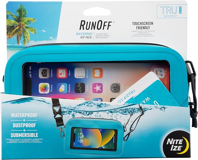Nite Ize RunOff Waterproof Hip Pack - Beach &amp Hiking Essential - Bag for Phone &amp Travel Essentials - Crossbody Beach Tote &amp Travel Pouch with IP67 Rating - Blue