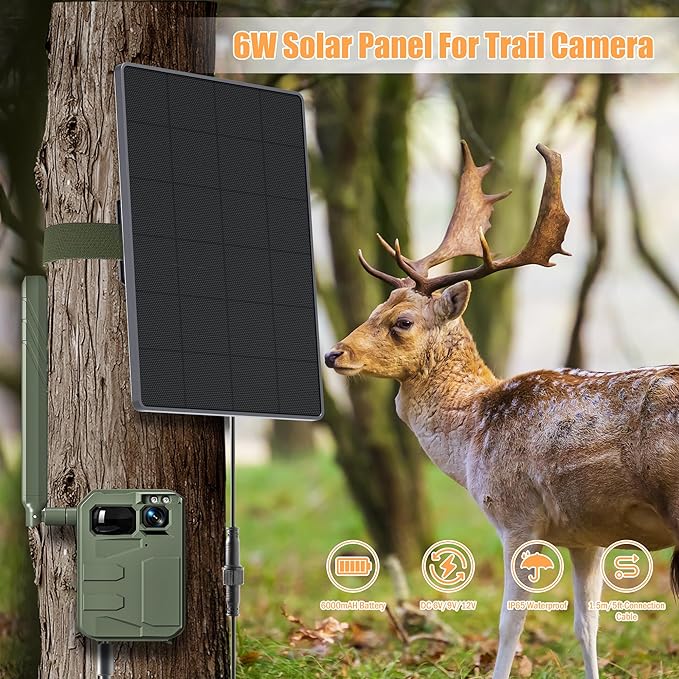 Trail Camera Solar Panel6W Solar Battery Charger Kit 6V/2A 9V/1.5A 12V/1A with 6000mAh Battery for Hunting CameraIP65 Waterproof Hunting Accessory1.7/2.1/1.35mm DC Connectors for Trail Cam (2 Pack)