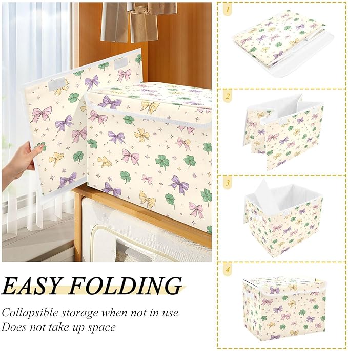 Storage Bins With Lid Stackable Fabric Closet Organizer Clothing Storage Large Boxes For Closet Shelves Bedroom Clovers Bows Stars Beige