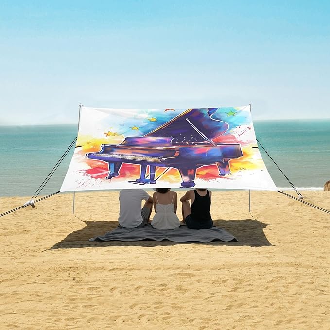 ALAZA Colorful Stars and Grand Piano with Some Notes Beach Tent Sun Shelter Portable Canopy Sunshade for Outdoor Camping Picnics Backyard Fun 10x9 ft