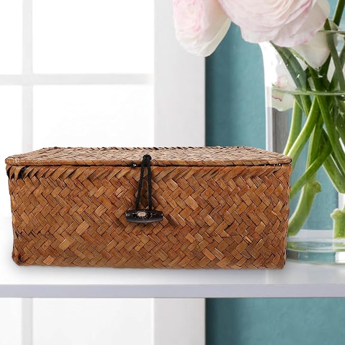 Rattan Basket with Lid Seagrass Baskets with Lid Flat Rattan Storage Bins with Button for Shelf Closet Bedroom