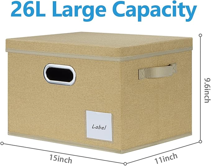 LHZK Large Storage Bins with Lids 6 Pack Foldable Linen Fabric Storage Boxes with Lids Sturdy Fabric Storage Bins with Label &amp 3 Handles for Shelves Bedroom Home Office (Beige Large)