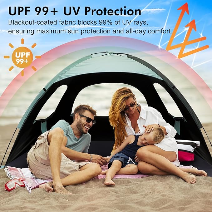WhiteFang Beach Tent Anti-UV Portable Sun Shade Shelter for 3/4/6/8 Person Extendable Floor with 3 Ventilating Mesh Windows Plus Carrying Bag Stakes and Guy Lines