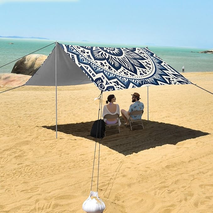 Blue Flower Mandala Beach Tent Sun Shelter Set UPF50+ UV Protection 10.5 x 9.19 FT Camping Shade Canopy with Sandbags Sand Anchors Carrying Bag and Others