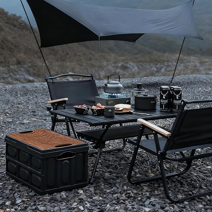 CTESNE【3-in-1 Wooden Lid 32L Storage Bins with Lids and HandlePortable Foldable Storage Box Plastic Stackable Storage Bins for Camp Car RV Office (Black)