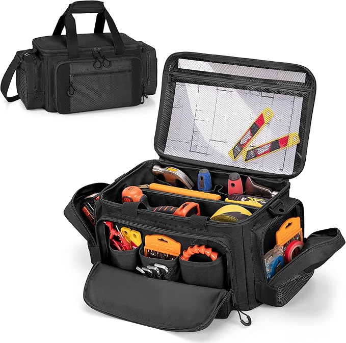 Tactical Tool Bag with Anti-friction Bottom Hand Tool Tote Storage Organizer for Men Small Range Bag for Electricians Carpenters Mechanics and Repairman Black