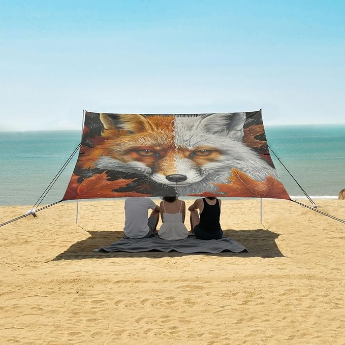 ALAZA Fox Maple Leave Beach Tent Sun Shelter Portable Canopy Sunshade for Outdoor Camping Picnics Backyard Fun 10x9 ft