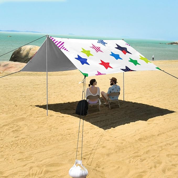 xigua Star Beach Tent Sun Shelter with Carrying Bag - Silver Coated Oxford Fabric Beach Canopy for Beach Camping Fishing - Includes Windproof Ropes Sandbags &amp Stakes