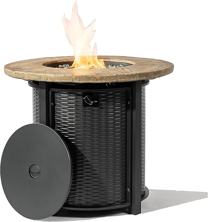 30'' Concrete Round Gas Fire Pit 50000 BTU Steel Outdoor Fire Tables Fire Table with Lid Add Warmth &amp Ambience to Gatherings and Parties On Patio Deck Garden Backyard.