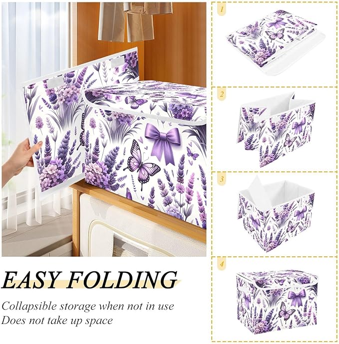 susiyo Large Foldable Storage Bin with Flip-Top Lid Lavender Flowers Butterflies Storage Box Collapsible Closet Organizer Containers Boxes Decorative Baskets with Handles for Home Bedroom Living Room